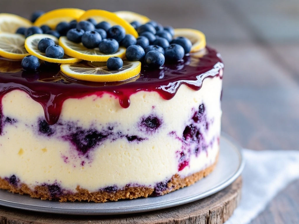 A stunning Lemon Blueberry Cheesecake Cake with layers of lemon cake and blueberry cheesecake, topped with blueberry jam and garnished with fresh blueberries and lemon slices.